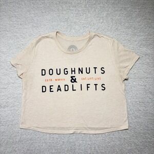 Doughnuts & Deadlifts Womens Crop Top Medium Beige Gym Fitness Graphic Tee Shirt